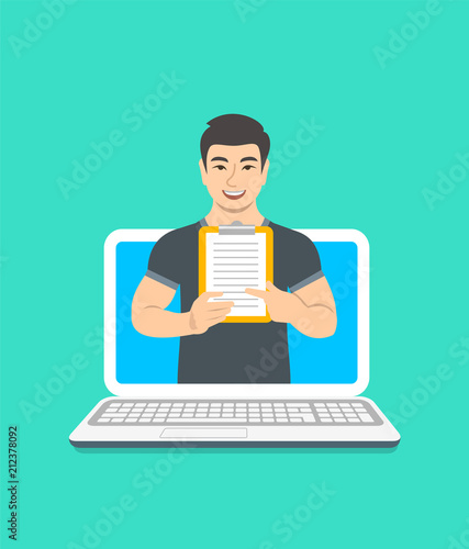 Online fitness trainer concept. Vector flat illustration. Young asian man gym instructor holds a clipboard with training program. Weight loss plan using computer. Healthy lifestyle support by web
