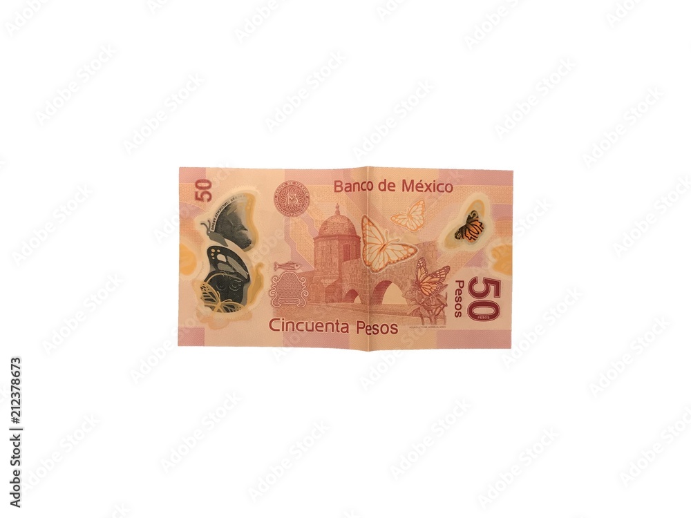 One single mexican peso 50 bill isolated on white background
