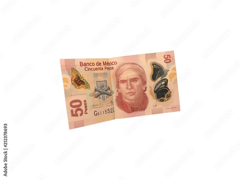 One single mexican peso 50 bill isolated on white background One single mexican peso 50 bill isolated on white background