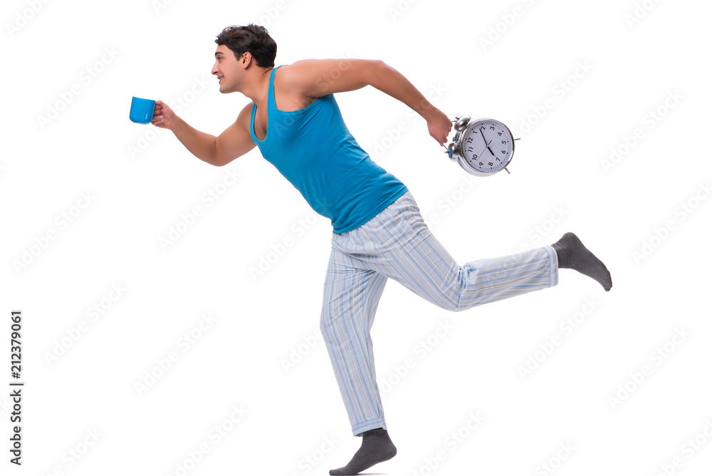 Fototapeta premium Man waking up with alarm clock isolated on white