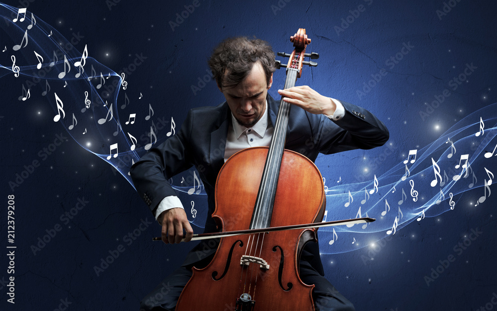 Lonely musical composer with cello and sparkling musical notes around