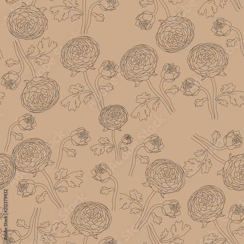 Backdrop with hand drawn contour flowers. Peonies with large buds on stems. Floral vector seamless pattern.