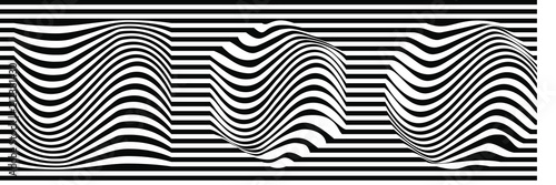 Panoramic Abstract Black and White Geometric Pattern with Stripes and Waves. Optical Psychedelic Illusion. Wicker Structural Texture. Vector Illustration
