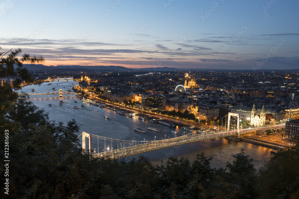 A dusk view of Danube river with Erzsebet bridge on the background in Budapest, Hungary