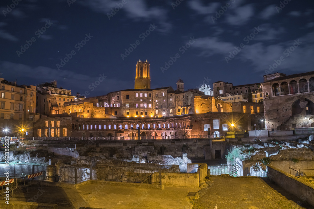 ruins of Trajan's Forum and Market in Rome at night