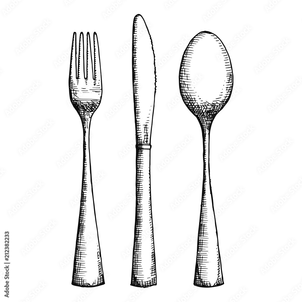 Cutlery Hand Drawing Vector Sketch Vintage Isolated Spoon Fork And Knife Stock Vektorgrafik