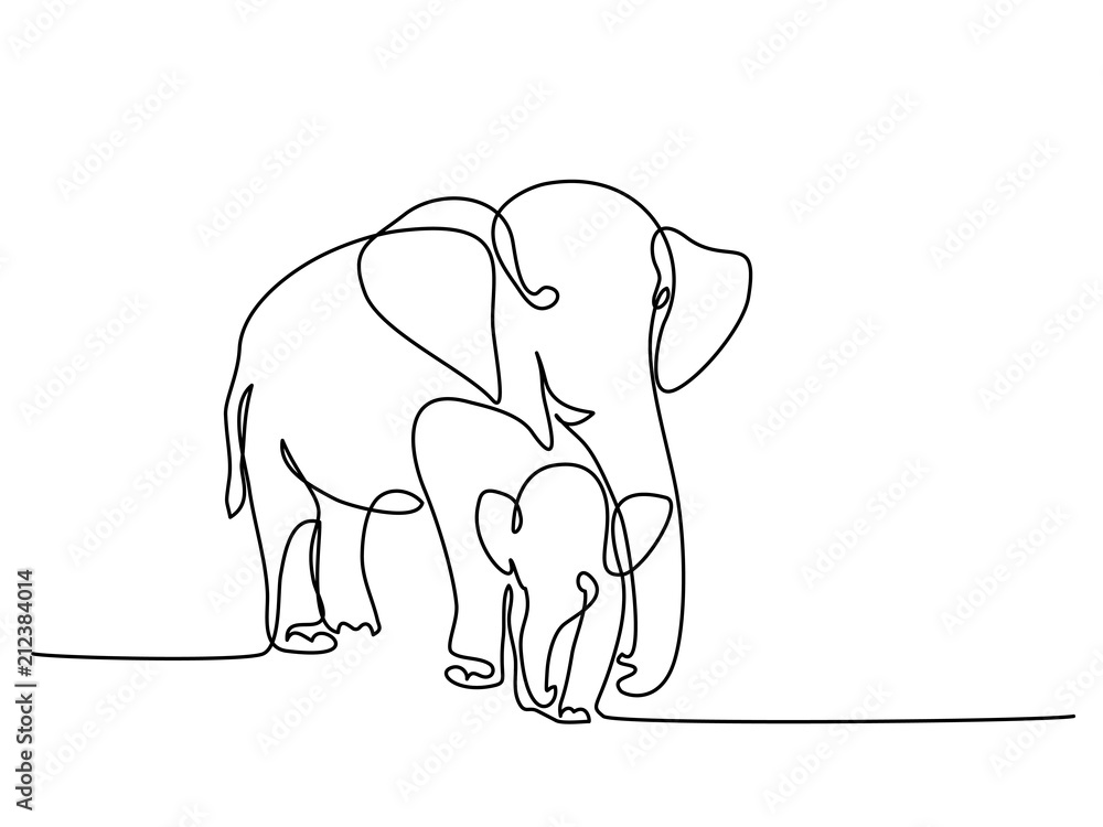 Fototapeta premium Continuous one line drawing. Elephant with baby symbol. Logo of the elephant. Vector illustration