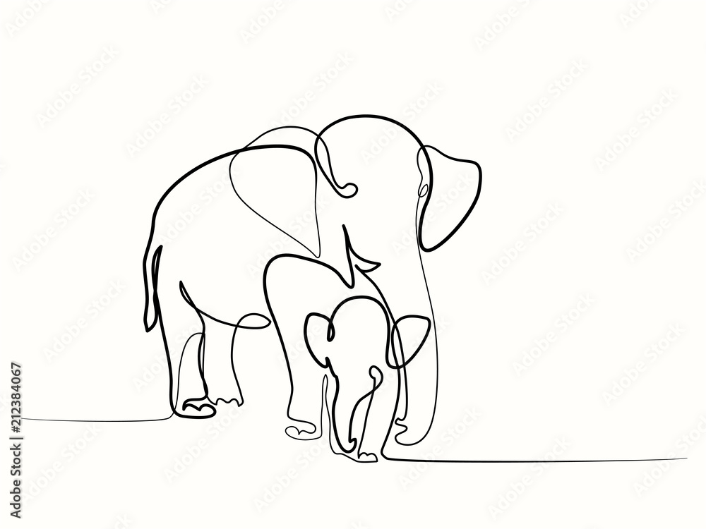 Fototapeta premium Continuous one line drawing. Elephant with baby symbol. Logo of the elephant. Vector illustration