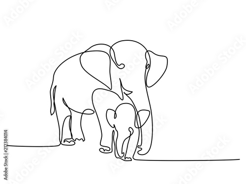 Continuous one line drawing. Elephant with baby symbol. Logo of the elephant. Vector illustration