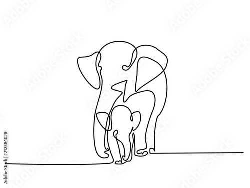 Continuous one line drawing. Elephant with baby symbol. Logo of the elephant. Vector illustration