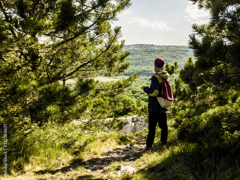 young man standing on the top peak mountain with camera dslr with large beautiful forest on background