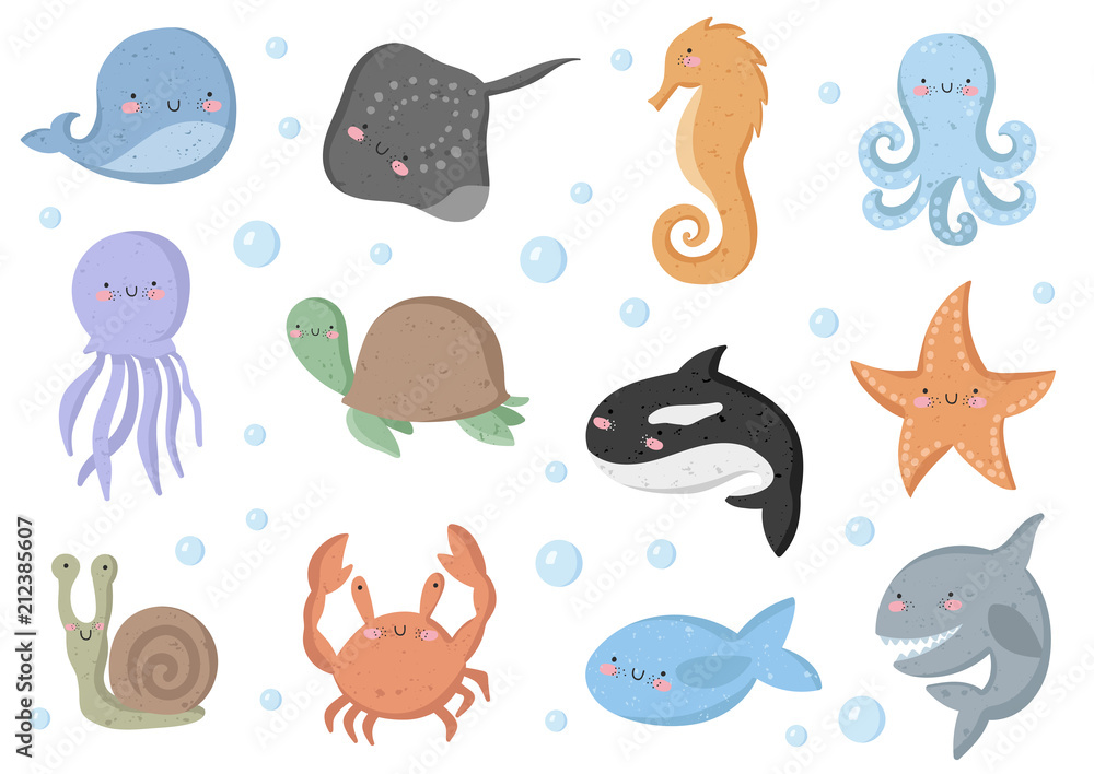 Vector set of cute funny sea animals. Poster with adorable doodle marine objects on background, pastel colors Vector set of cute funny sea animals. Poster with adorable doodle marine objects on background, pastel colors
