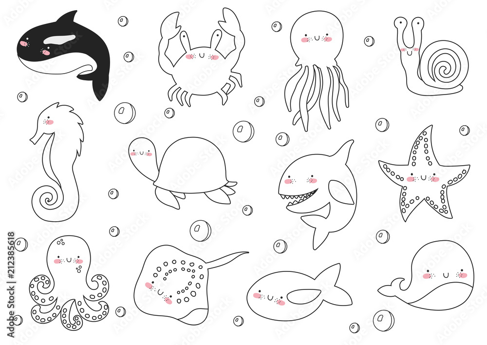 Vector set of cute funny sea animals. Poster with adorable doodle marine  objects on background Stock Vector | Adobe Stock