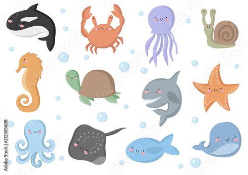 Vector set of cute funny sea animals. Poster with adorable doodle marine objects on background, pastel colors