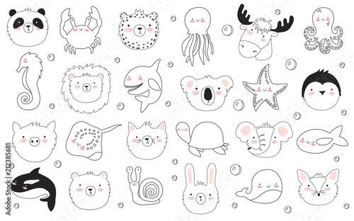 Vector set of cute funny animals. Sticker collection with adorable doodle objects on background