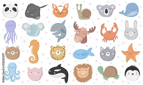 Vector set of cute funny animals. Sticker collection with adorable doodle objects on background, pastel colors