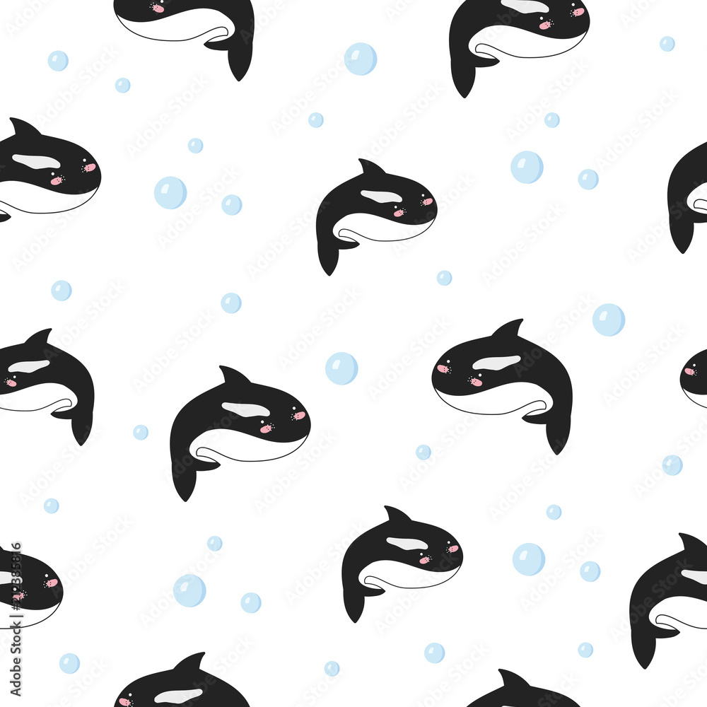 Fototapeta premium Vector cute seamless pattern with funny sea animals. Wallpaper with adorable orca on background, pastel colors. Fabric, baby book, children rooml, birthday