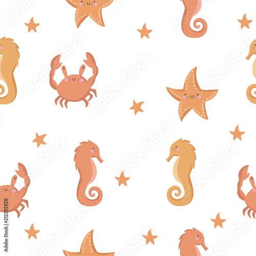 Vector cute seamless pattern with funny sea animals. Wallpaper with adorable marine objects on background, pastel colors. Fabric, baby book, children rooml, birthday © Alexandra