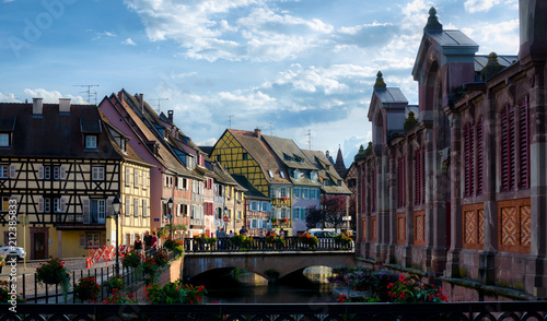 Little Venice with bridges and market in Colmar city center  France