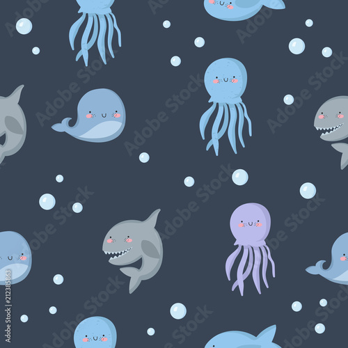 Vector cute seamless pattern with funny sea animals. Wallpaper with adorable marine objects on background, pastel colors. Fabric, baby book, baby shower, children rooml, birthday