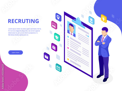 Isometric, hiring and recruitment concept for web page, banner, presentation. Job interview, recruitment agency vector illustration