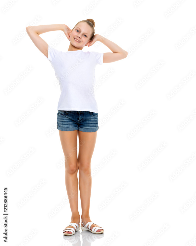 Emotional little girl in a clean white T-shirt. Emotional little girl in a clean white T-shirt.