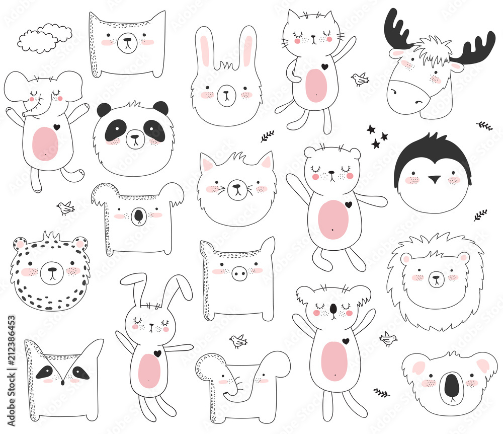 Vector cartoon collection of stickers with cute doodle animals and motivation lettering phrase