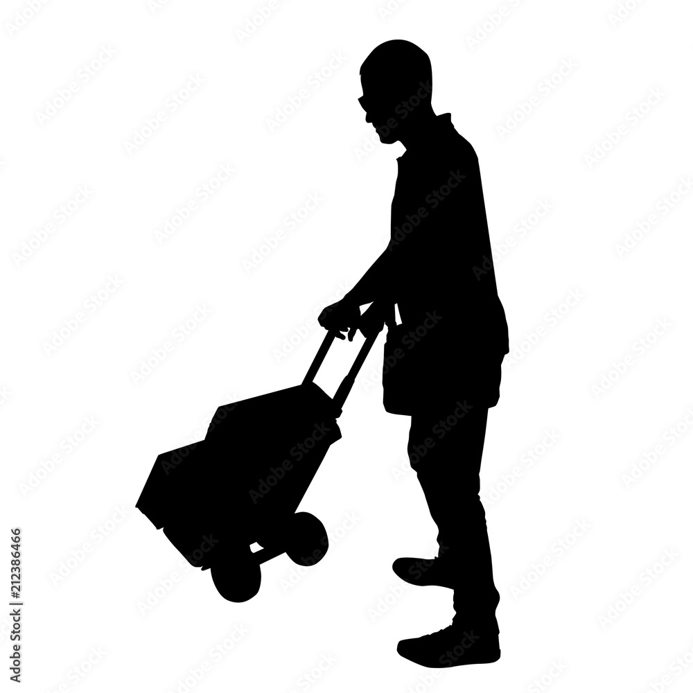 Delivery man silhouette carrying boxes with a trolley Delivery man silhouette carrying boxes with a trolley