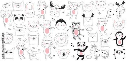Vector cartoon collection of stickers with cute doodle animals and motivation lettering phrase