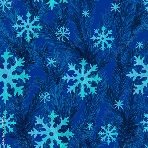 Christmas seamless pattern with fir branches and snowflakes. Watercolor Christmas illustration, background.