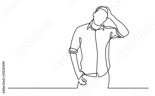 continuous line drawing of standing frustrated man in shirt