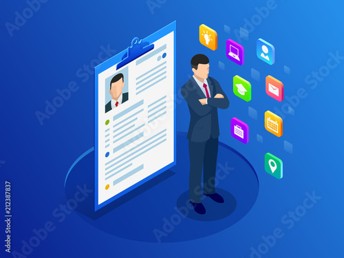 Isometric woman and cv resume documents. Recruiting advertisement, Job opportunity. Searching professional staff, work, analyzing resume, documents papers