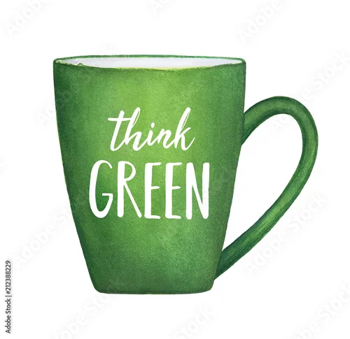 Naklejka na ścianę Filiżanka zielonej herbaty z pisemną wiadomością tekstową „Think Green”. Eco, ilustracja przyjazna dla natury. Ręcznie rysowane akwarela grafika na białym, element na białym tle projekt, baner, etykieta, plakat, wystrój.