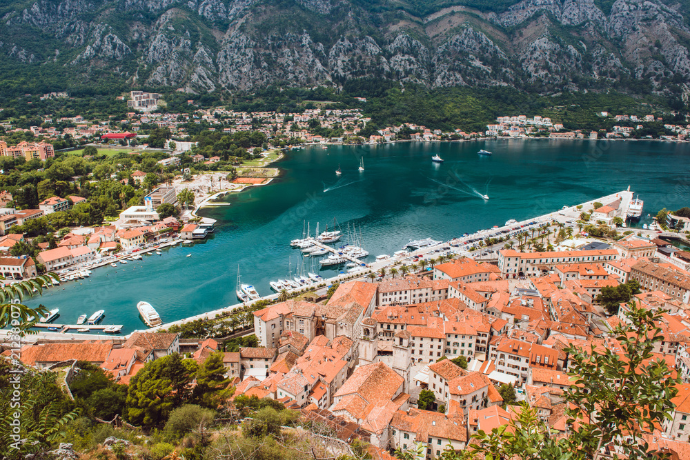 View of kotor old town from Lovcen mountain in Kotor, Montenegro. Kotor is part of the unesco world.