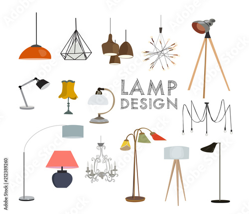 vector lighting lamp illustration. floor lamp, table lamp, pendant, interior design