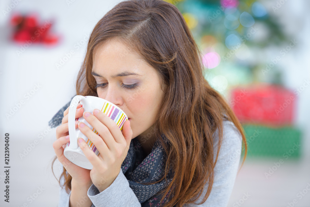 happy young woman drinking tea while relaxing at home happy young woman drinking tea while relaxing at home