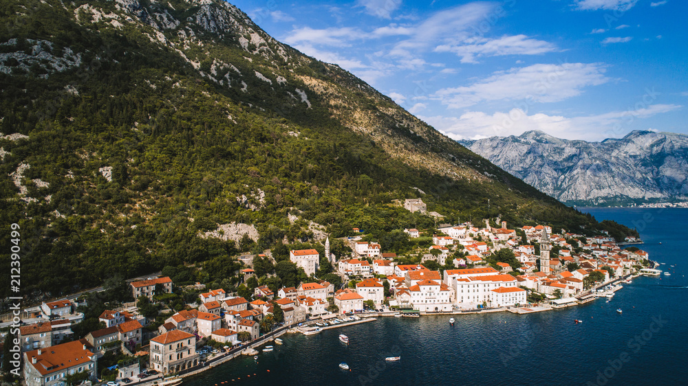 Aerial beautiful view at Perast town. Montenegro