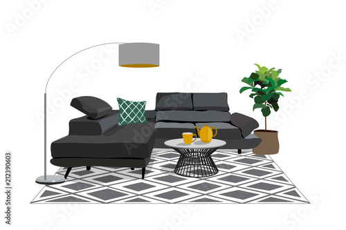 vector interior design illustration. living room furniture. corner sofa, floor lamp. realistic modern trendy designer style. 
