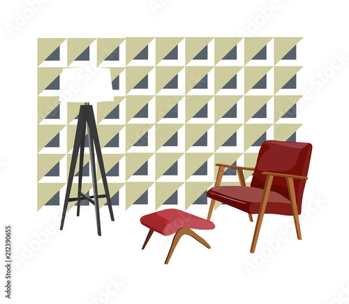 vector interior design illustration. mid century modern living room. home house 1960 1950 furniture. wallpaper armchair tripod lamp. trend trendy designer. 