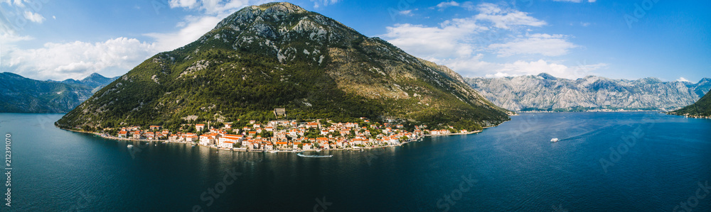 Aerial beautiful panoramic view at Perast town. Montenegro