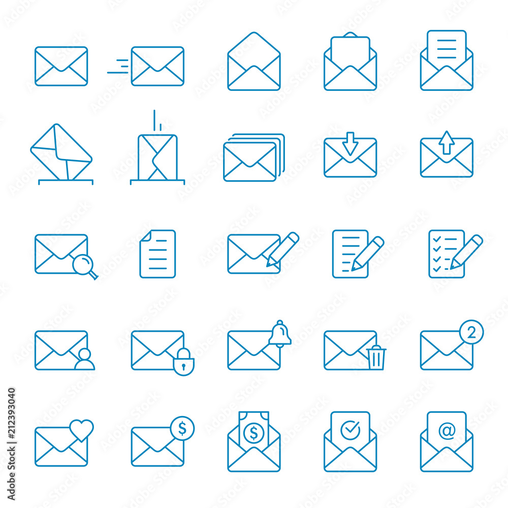 Envelope Mail icon set. Vector isolated line symbol collection in flat style Envelope Mail icon set. Vector isolated line symbol collection in flat style