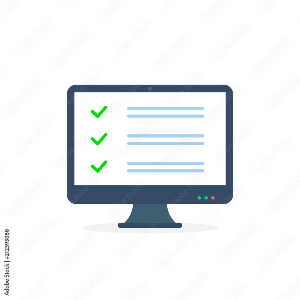 Online exam or test in Computer monitor. Form filling on Pc screen, Flat design vector illustration isolated on white background Online exam or test in Computer monitor. Form filling on Pc screen, Flat design vector illustration isolated on white background