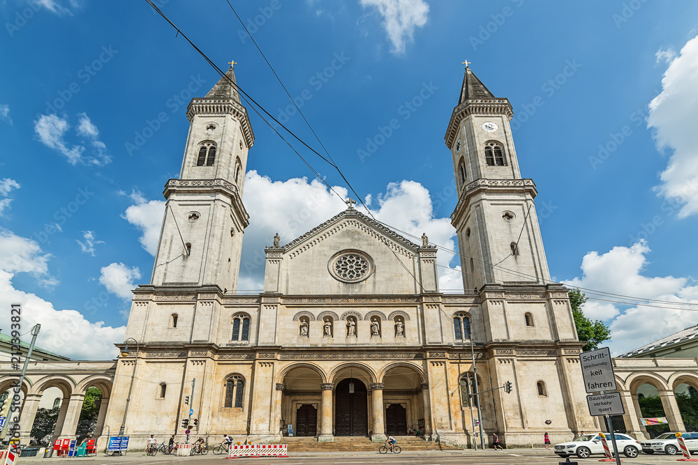 Naklejka premium Munich, Germany June 09, 2018: The Catholic Parish and University Church St. Louis, called Ludwigskirche, in Munich is a monumental church in neo-romanesque style.