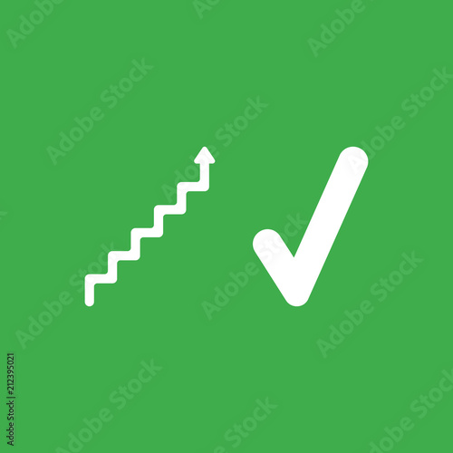 Vector icon concept of stairs with arrow moving up and check mark on green background