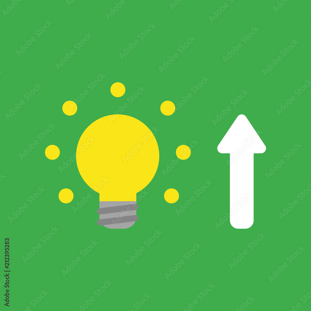 Vector icon concept of glowing yellow light bulb with arrow moving up on green background Vector icon concept of glowing yellow light bulb with arrow moving up on green background
