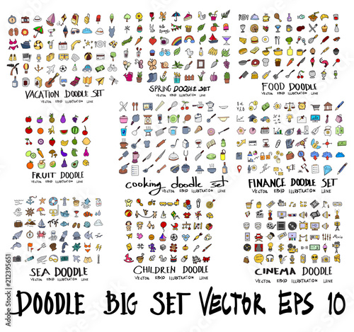 Doodle Vector drawing Big icon collection of vacation, spring, food, fruit, cooking, finance, sea, children, cinema eps10