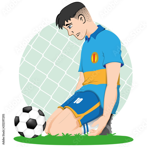 Illustration of sad caucasian football player kneeling in front of a ball, defeated, eliminated, losing. Ideal for sports and educational materials