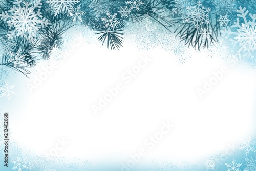 Natural Pine bough winter or summer border in greens, and blues decorative border frame design for invitations, greetings, posters backgrounds, web