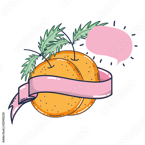 delicious oranges fruits with chat bubble and ribbon