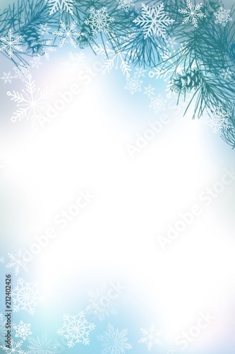 Natural Pine bough winter or summer border in greens, and blues decorative border frame design for invitations, greetings, posters backgrounds, web